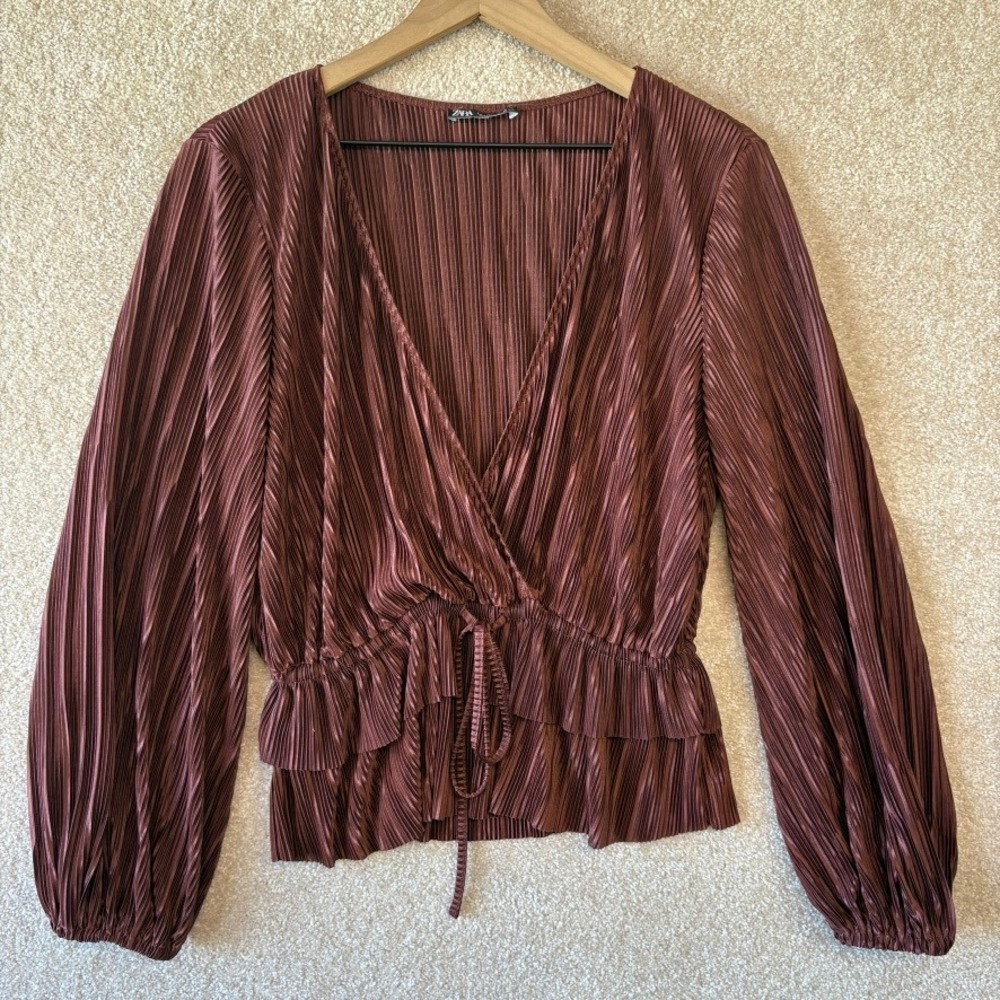 ZARA Brown Blouse Top Size Small Pleated Work Special Occassion - Picture 3 of 8